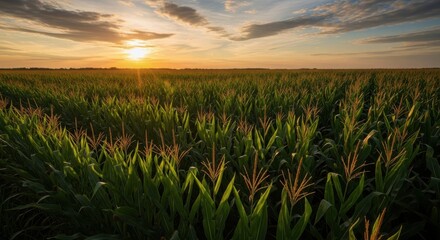 Vibrant cornfield landscape at sunrise with lush green corn plants and golden sunlight illuminating the agricultural scenery.