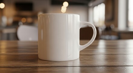 Fototapeta premium White ceramic coffee mug with handle on wooden table, perfect for morning coffee or tea in a cozy atmosphere setting.