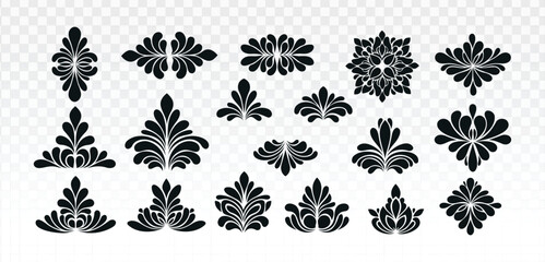 Fototapeta premium Set of black floral ornamental motifs and decorative elements in varied symmetrical styles, clean flat vector design isolated on white background, ideal for patterns, borders, logos, wallpapers, 