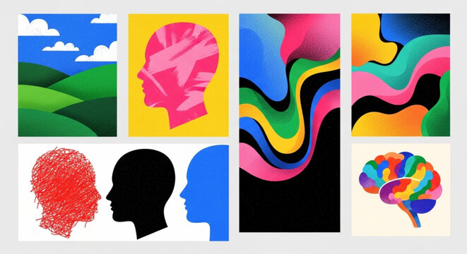 human head silhouettes, colorful patterns, and stylized nature landscapes, perfect for creative projects