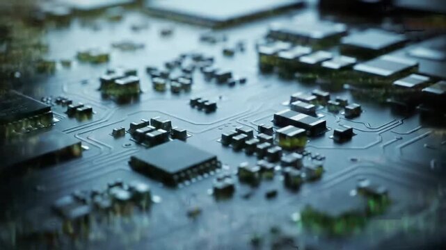 Close up of a complex electronic circuit board with many microchips and components.