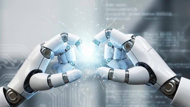Robot hand ai technology innovation multi agent agentic collaboration spark connection future digital touch automation cyber concept humanlike