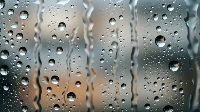 Textured Condensation Pane Wide shot of a glass pane heavily covered in wet streaks and distinct vertical bead trails. The composition highlights the overall textured surface of the wet glass, its