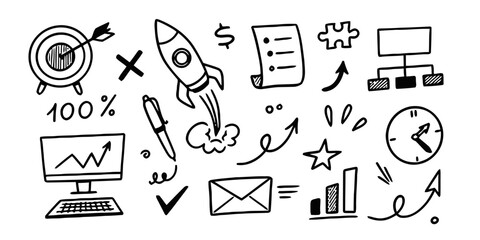Collection of business and strategy related doodle icons: target rocket checklist chart computer pen envelope clock puzzle and more, hand drawn simple sketch elements © Taniya