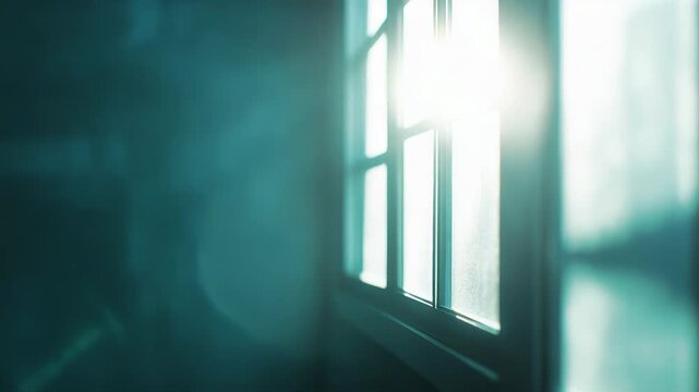 Sunlight illuminates a dusty window frame, casting a warm glow and creating a ethereal atmospheric lens flare, evoking concepts of hope, purity, and spiritual comfort in a tranquil indoor setting