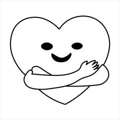 Obraz premium A cartoon heart with a happy face hugging itself, depicted as a simple black and white line drawing.