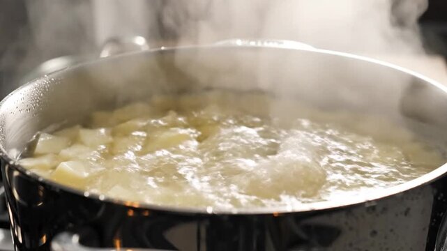 Cubed food items bubble and boil in a steaming metal pot