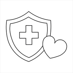 Obraz premium A simple line drawing of a shield with a cross inside and a heart next to it, symbolizing health and protection.