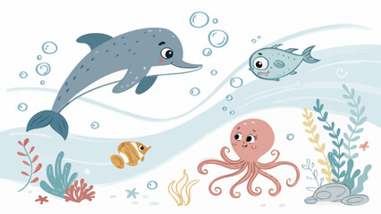 Obraz premium Friendly sea creatures swim together in vibrant ocean scene