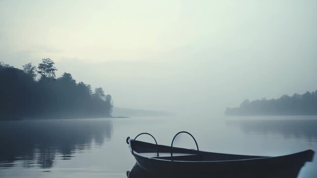 Small boat drifts on glassy lake beneath misty morning sky, trees mirrored in soft fog a quiet, solitary scene of serene nature and calm reflective stillness