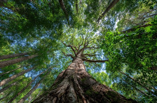 Looking up from a forest floor at a grand, old tree reaching toward the sky