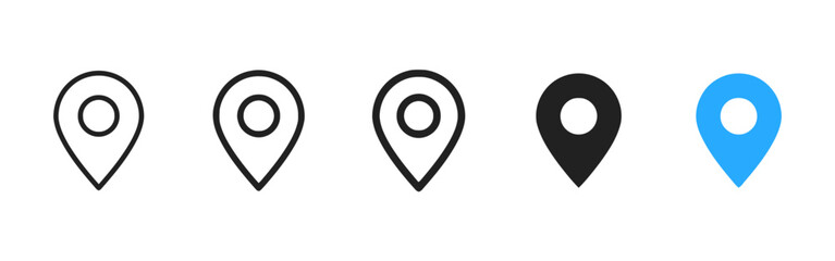 Naklejka premium Collection of location pin icons in various styles, including outline, solid black, blue, and red markers, representing geographical points or addresses for navigation and mapping applications