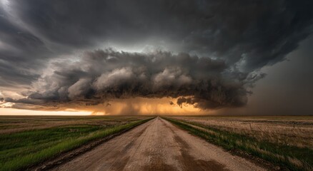 A dramatic dirt road leads into a vast, ominous storm cloud formation