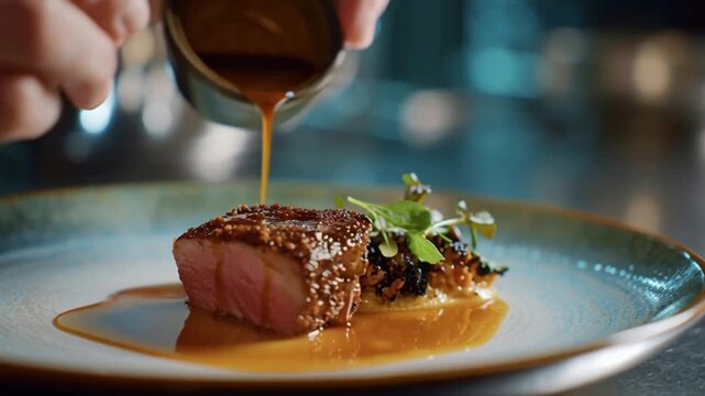Cinematic footage of a chef drizzling luxurious sauce over seared tuna on a fine dining plate