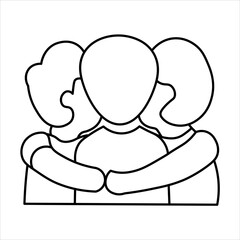 Line art illustration of three faceless people embracing, symbolizing friendship, support, and community.