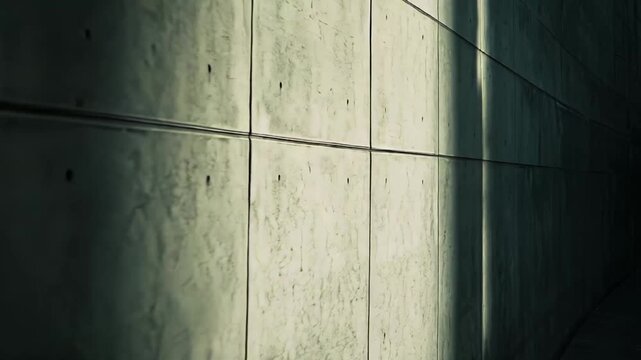 Concrete wall surface displaying geometric panels, texture, and strong directional sunlight creating dynamic, abstract shadow patterns across the architectural structure