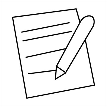 A simple black and white line drawing of a piece of paper with lines and a pen, representing writing or documentation.