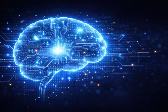 Glowing blue brain with circuit board design and bright lights