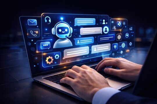 Businessman interacting with AI chatbot on laptop in modern workspace