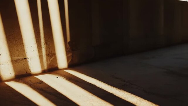 Sunlight casting strong parallel shadows across a textured wall and dusty floor, creating a dynamic abstract pattern of light and dark, evoking solitude and warmth
