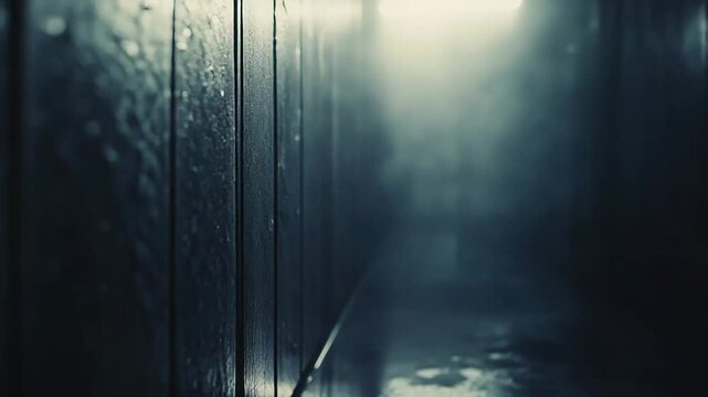 Humid environment with water dripping down the walls and reflecting on the damp floor, creating a mysterious atmosphere as a fluorescent light illuminates a foggy path forward