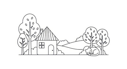 Whimsical Outline Drawing of a Cozy House, Sleeping Cat, and Trees