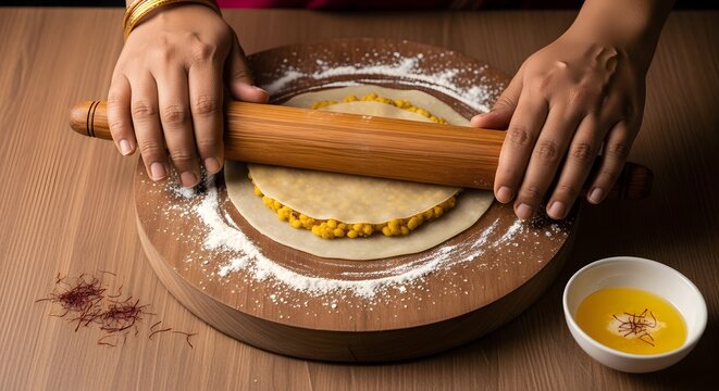 Woman rolling traditional Indian Puran Poli flatbread on wooden board close up