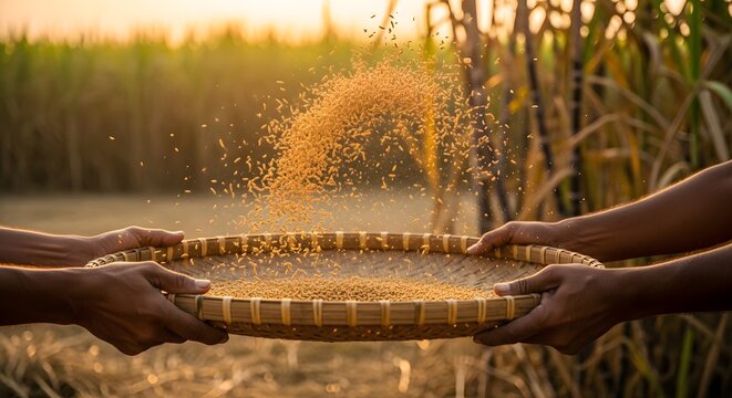 Farmer hands winnowing rice grains with bamboo sieve in golden sunset field