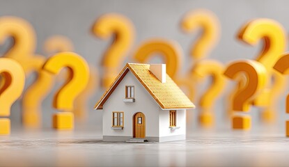 Small house surrounded by many large, blurry yellow question marks