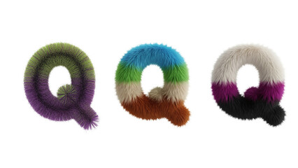Three colorful, fluffy letter "Q" characters, each with a unique gradient design and texture, isolated on black