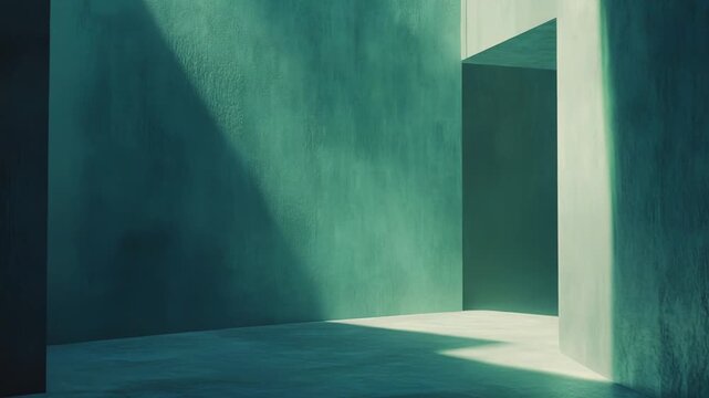 Abstract green cement room featuring sunbeam shadows falling on textured walls and concrete floor, creating a minimalist architectural space with an inviting sense of depth and geometric composition