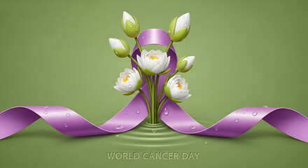 Blooming Resilience: Hyper-Realistic 3D Lotus Flowers Emerging from a Single Cancer Awareness Ribbon on a Moss Green Background