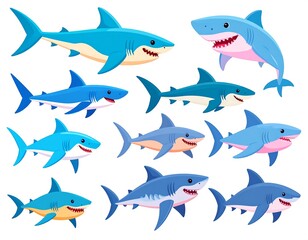 Naklejka premium A group of cartoon sharks in various shades of blue