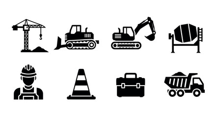 Construction site and worker icons: crane, bulldozer, excavator, cement mixer, construction worker, traffic cone, toolbox, and dump truck, vector. © Sohel
