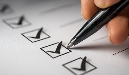A close-up view of a hand marking a checklist with a pen, with several items completed