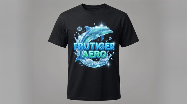 Black t-shirt featuring a colorful graphic design of a dolphin surrounded by water splashes and the text "FRUTIGER AERO" in bright blue letters