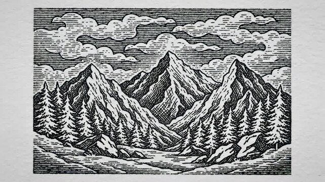 Stylized woodcut illustration of rugged mountain peaks sketching itself using traditional hatched lines in stark black and white artistic etching style classic, creative, white