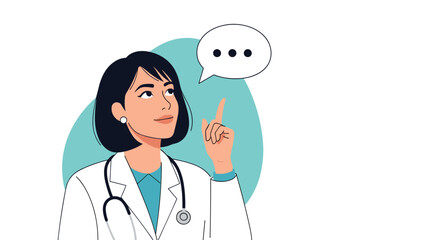 Professional female doctor in a white coat and stethoscope looking upwards while pondering an idea represented by a speech bubble.