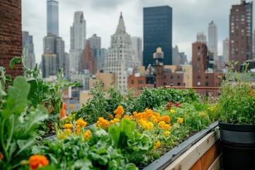 Fototapeta premium Urban rooftop garden with vibrant flowers and vegetables.