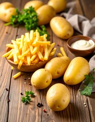 Golden fries in a wood bowl surrounded by raw potatoes and creamy dip