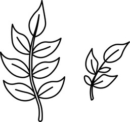 Two simple black and white line art illustrations of leafy branches, depicting botanical elements with multiple leaves on stems.