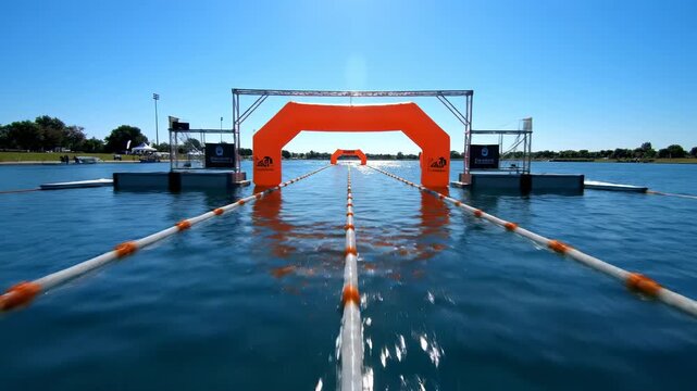Sweeping drone shot following the perfectly marked empty lane of a calm rowing course towards a vibrant finish line buoy under clear sky lake, course, smooth motion