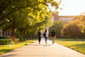 Three people walking on a treelined path