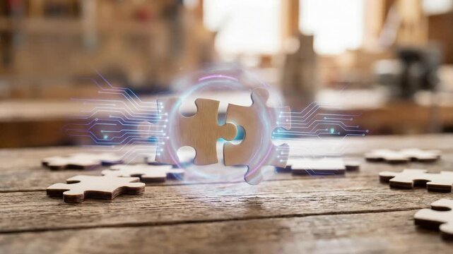 Futuristic ai multi agent collaboration puzzle jigsaw connection concept levitate digital circuit glow strategy solution technology innovation