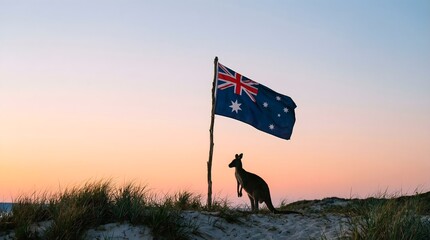 Kangaroo Standing Beside Australian Flag