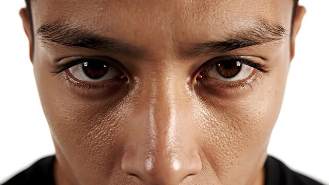 Extreme close-up of a person's eyes, eyebrows and forehead, detailed skin texture