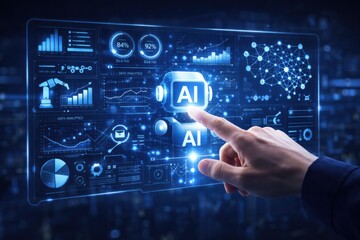 Person interacting with futuristic AI interface on transparent screen