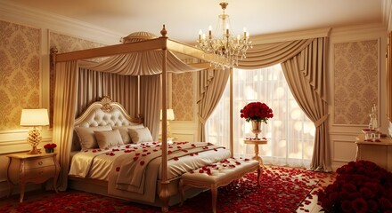 Luxurious bedroom with four-poster bed, adorned with roses and elegant decor, exudes romance and sophistication.