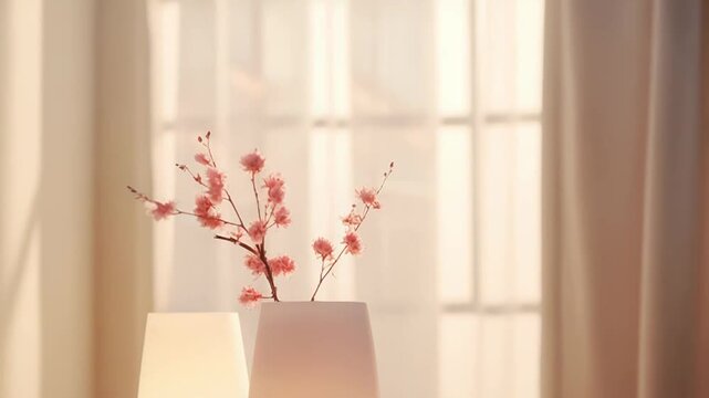 Two modern illuminating essential oil diffusers casting a soft, warm glow and peaceful ambiance in a contemporary interior, featuring delicate pink cherry blossom branches for natural beauty