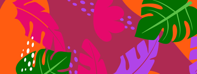 Bold artistic summer background with vibrant magenta and green tropical leaves on a warm textured backdrop